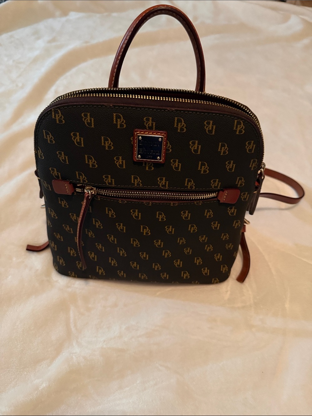 Dooney & Bourke Brown Logo Convertible Backpack with Tan Leather Trim